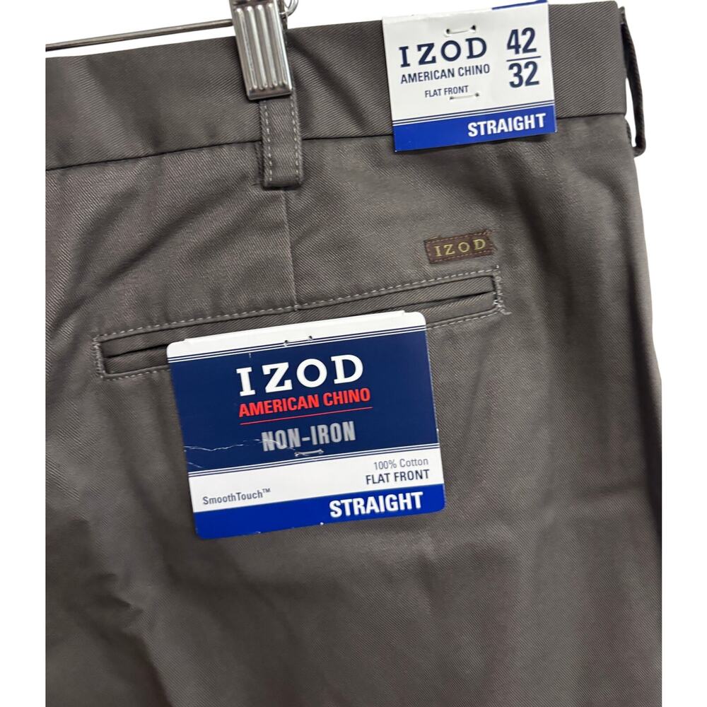 Izod Mens Chino Pants 42x32 Olive Straight Flat Front Non Iron Cotton NWt New - Picture 5 of 10
